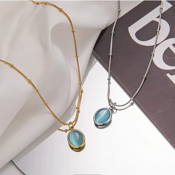 Elegant Stainless Steel Silver Necklace with Blue Pendant - Picture 4 of 4